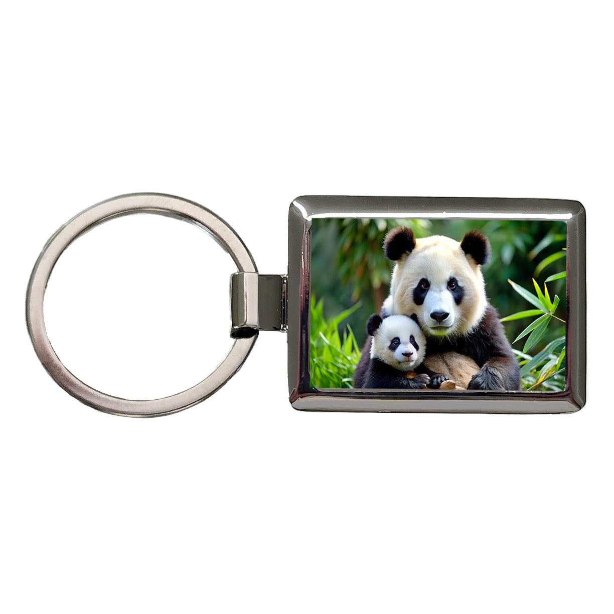 Giant Panda Mother With Baby Rectangle Metal Keychain