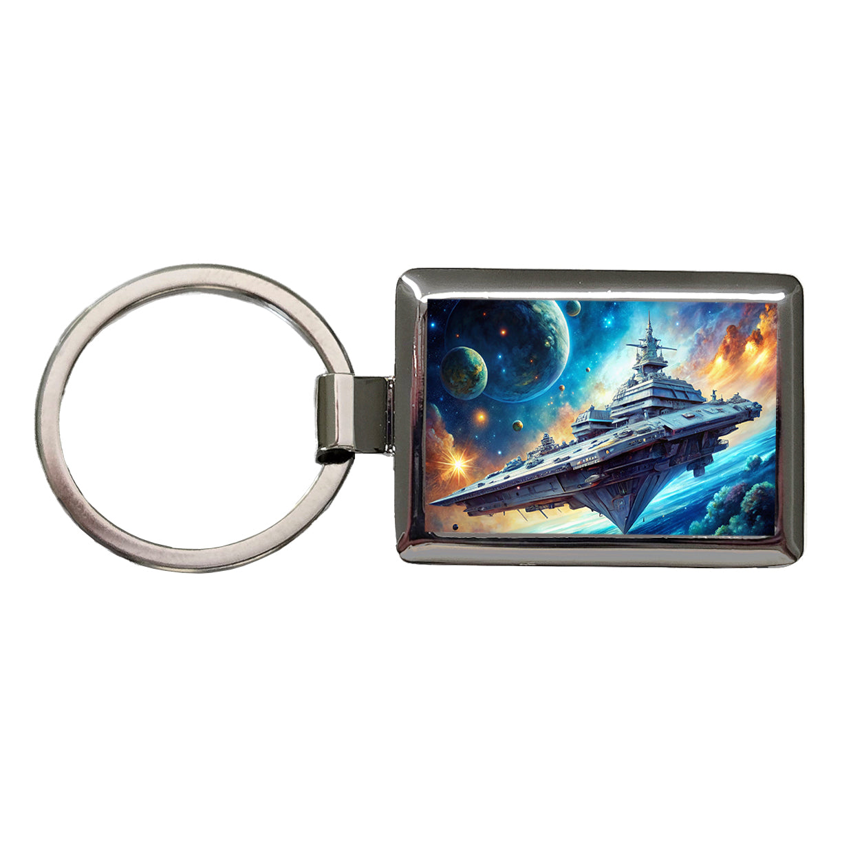 Giant Sci-Fi Warship In Space Watercolor Rectangle Metal Keychain