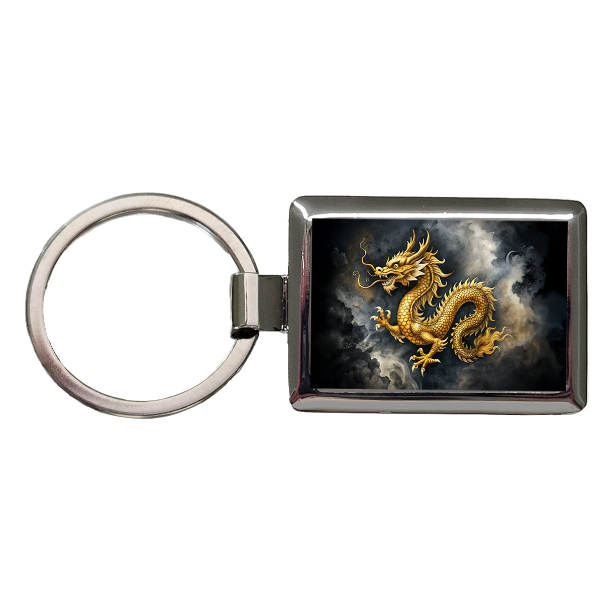 Gold Asian Dragon Watercolor Rectangle Metal Keychain