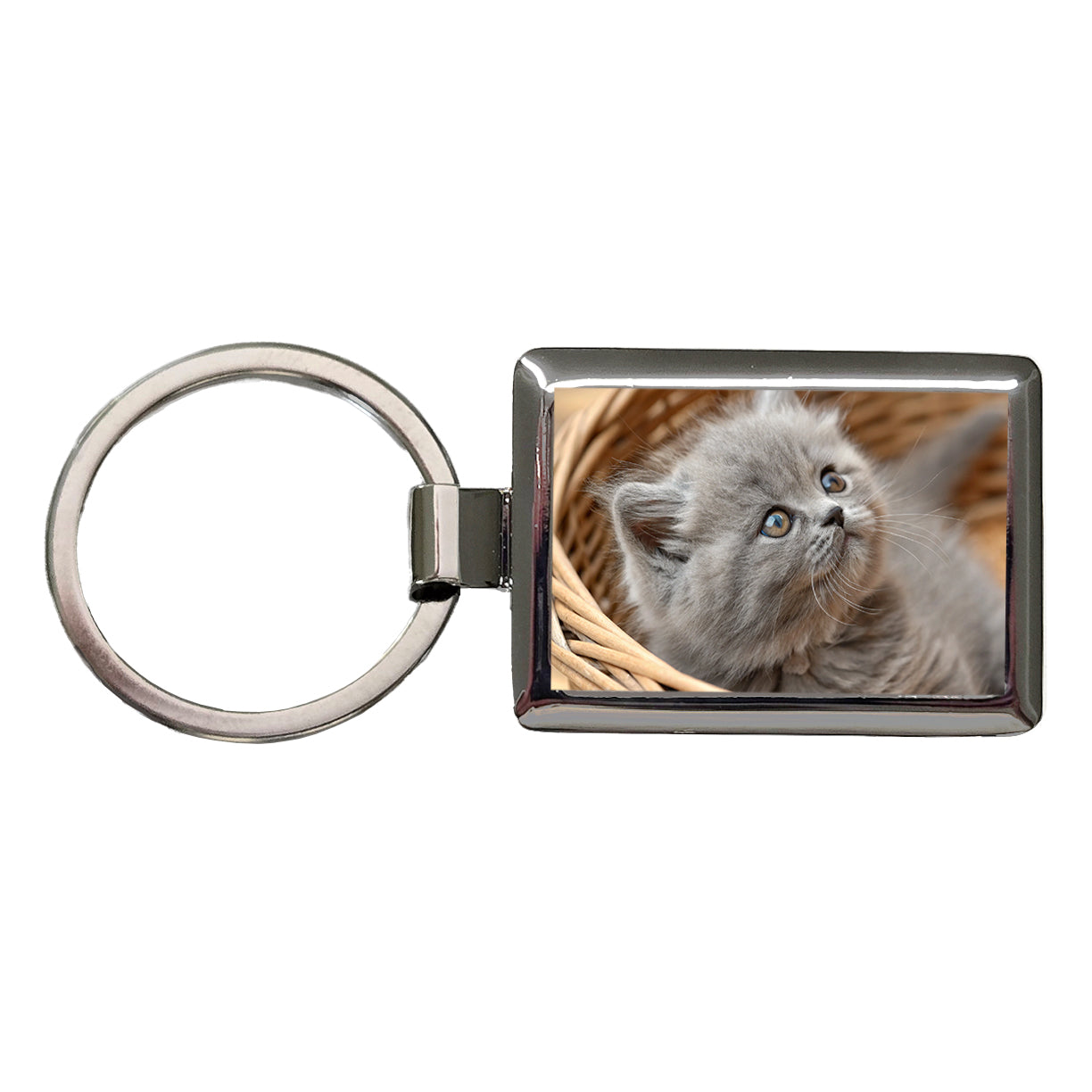 Gray British Longhair Kitten in a Basket Rectangle Metal Keychain