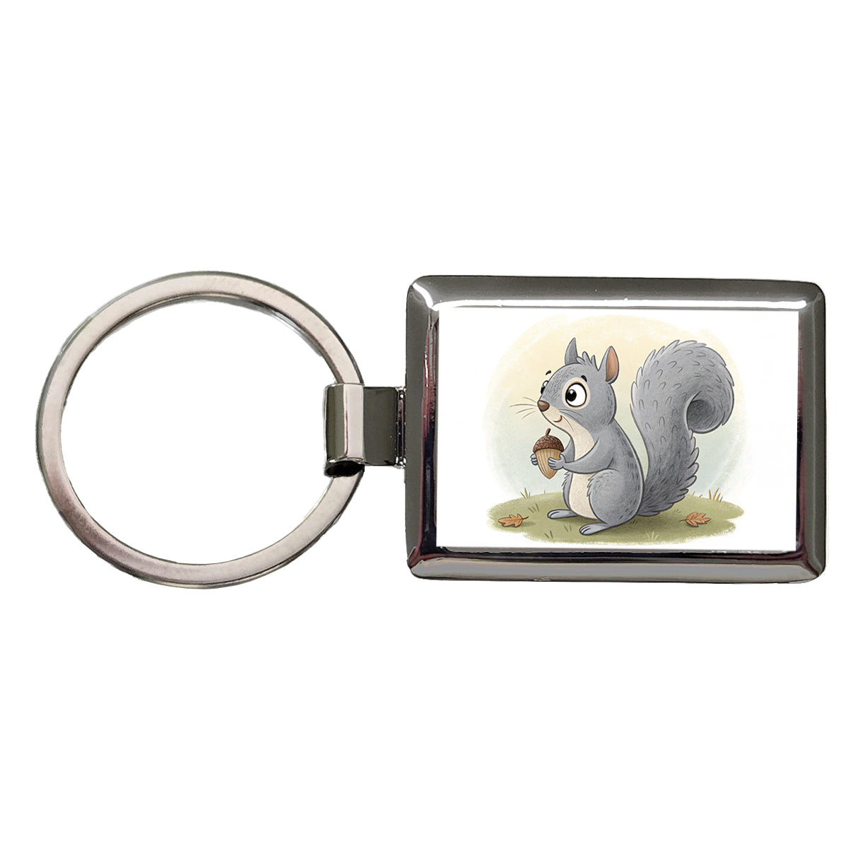 Gray Squirrel Children's Illustration Style Rectangle Metal Keychain