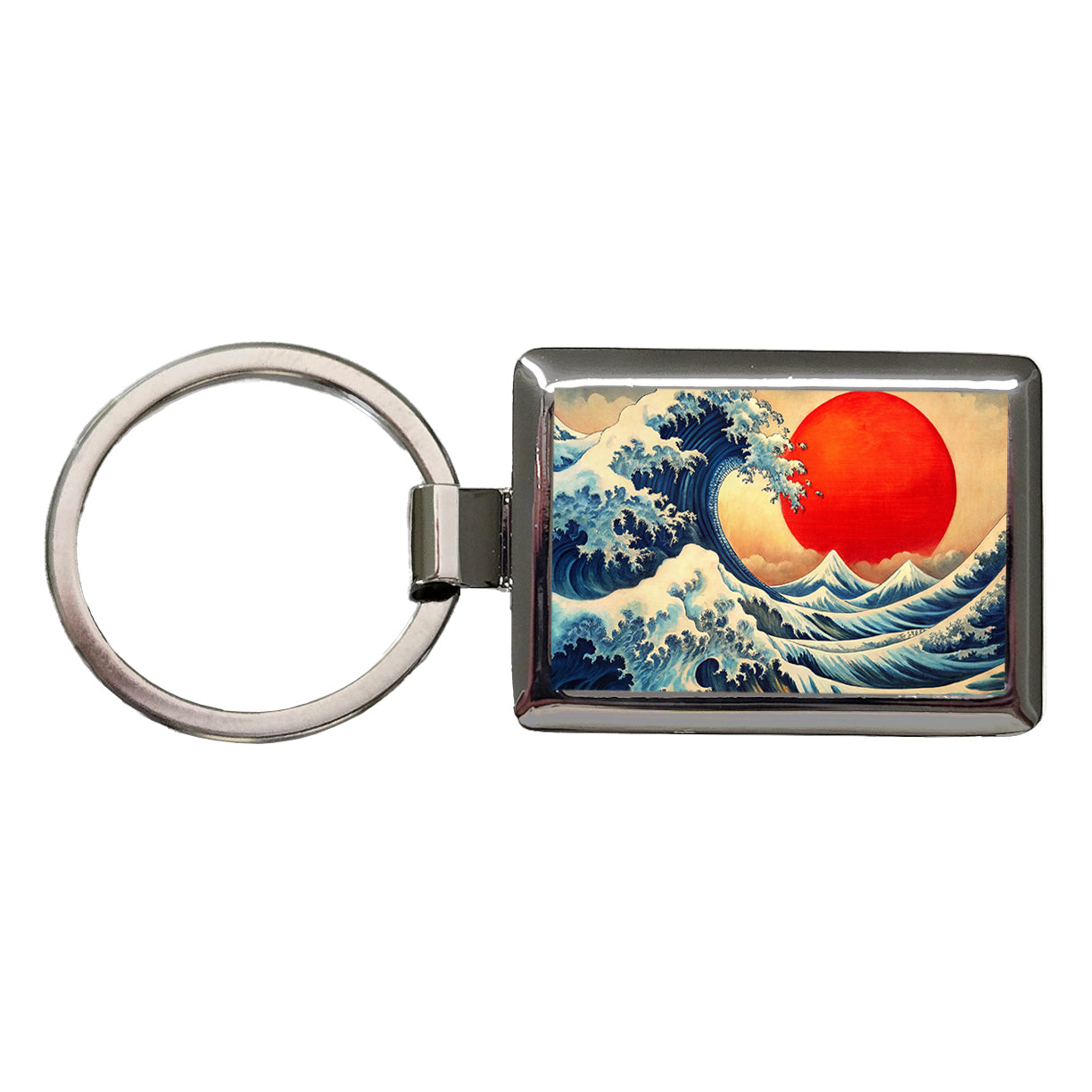 Japanese Blue Ocean Waves Large Red Sun Ink Painting Rectangle Metal Keychain