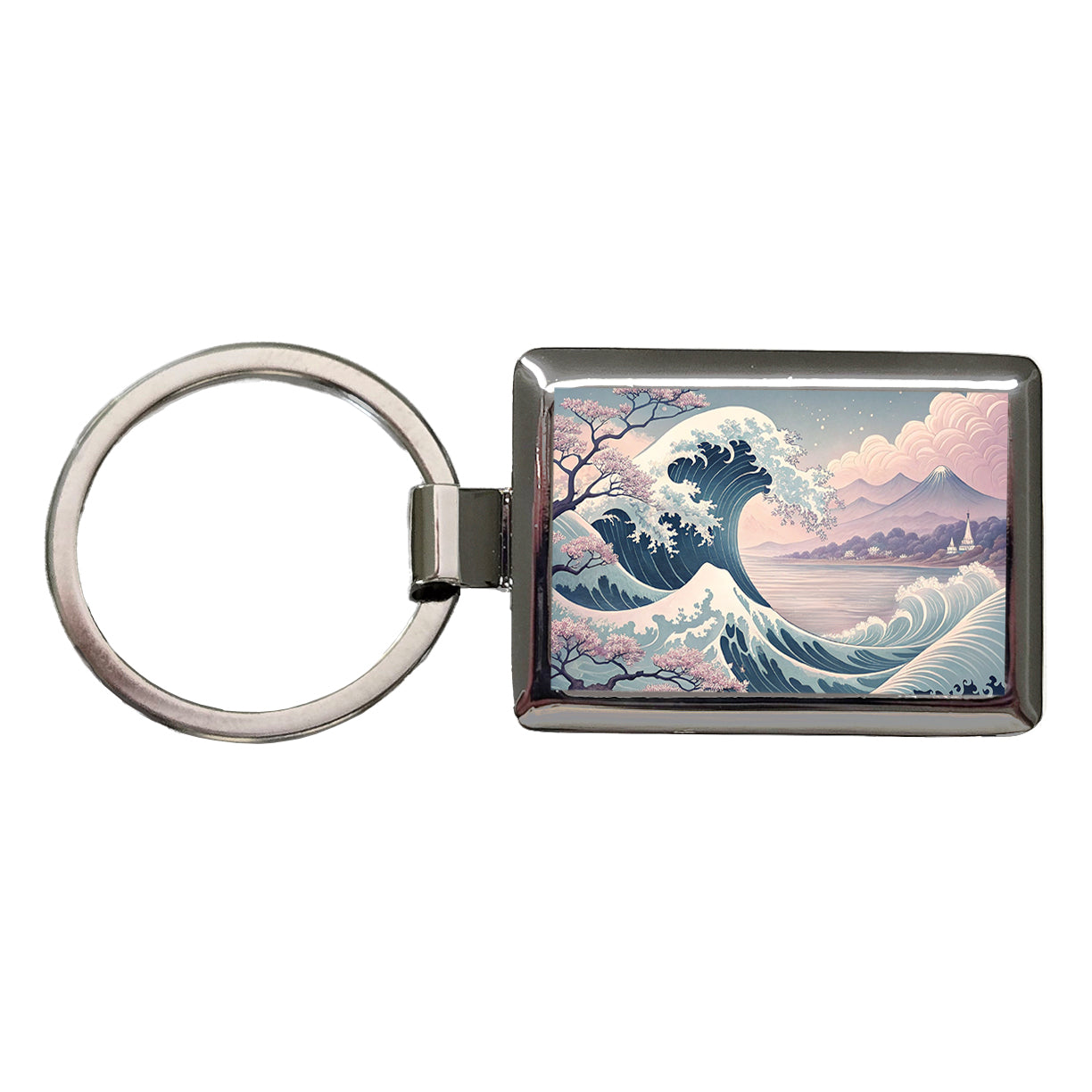 Japanese Blue Pink Ocean Waves and Sakura Blossoms Rectangle Metal Keychain