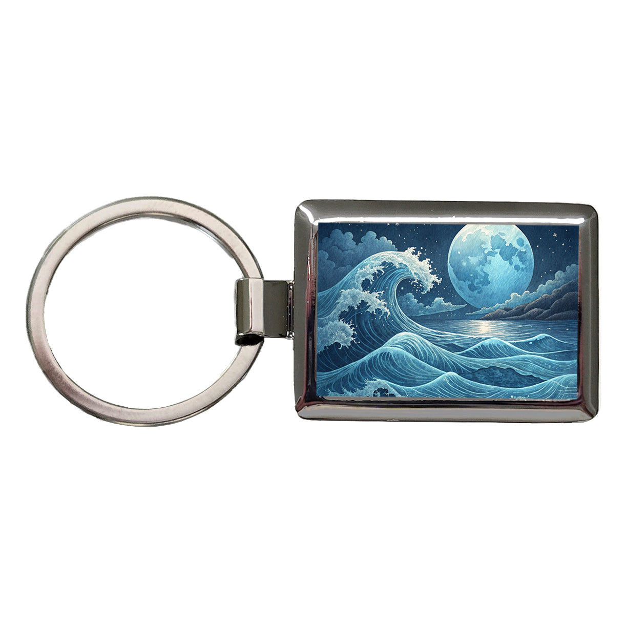Japanese Ocean Waves Under Large Moon Rectangle Metal Keychain