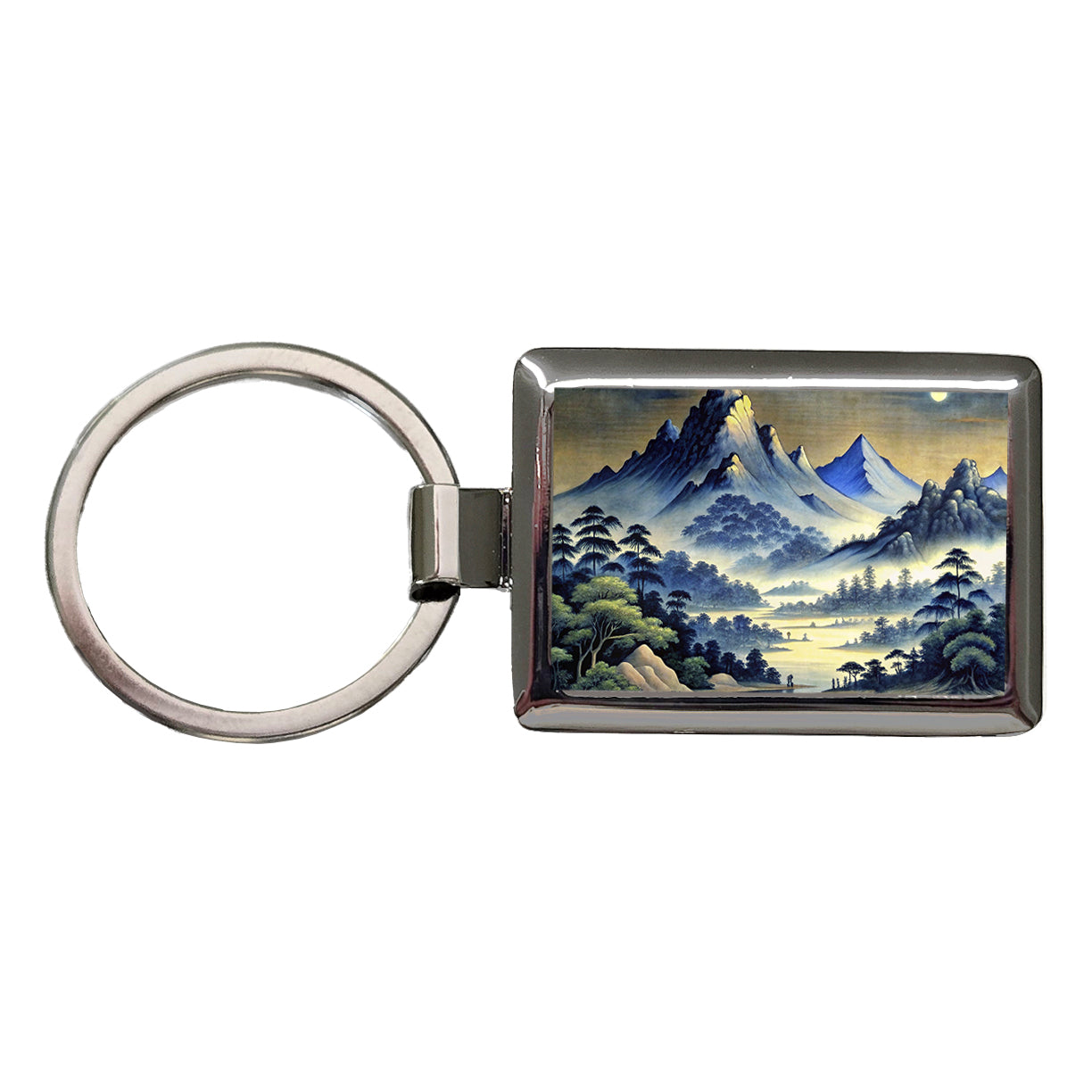 Japanese Style Ink Painting Landscape Mountains At Night Rectangle Metal Keychain