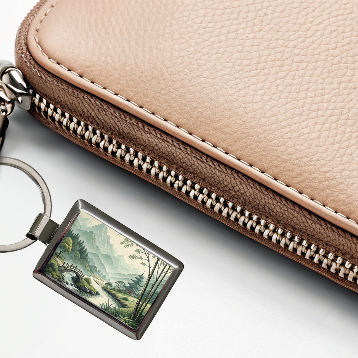 Japanese Style Ink Painting Landscape Rectangle Metal Keychain