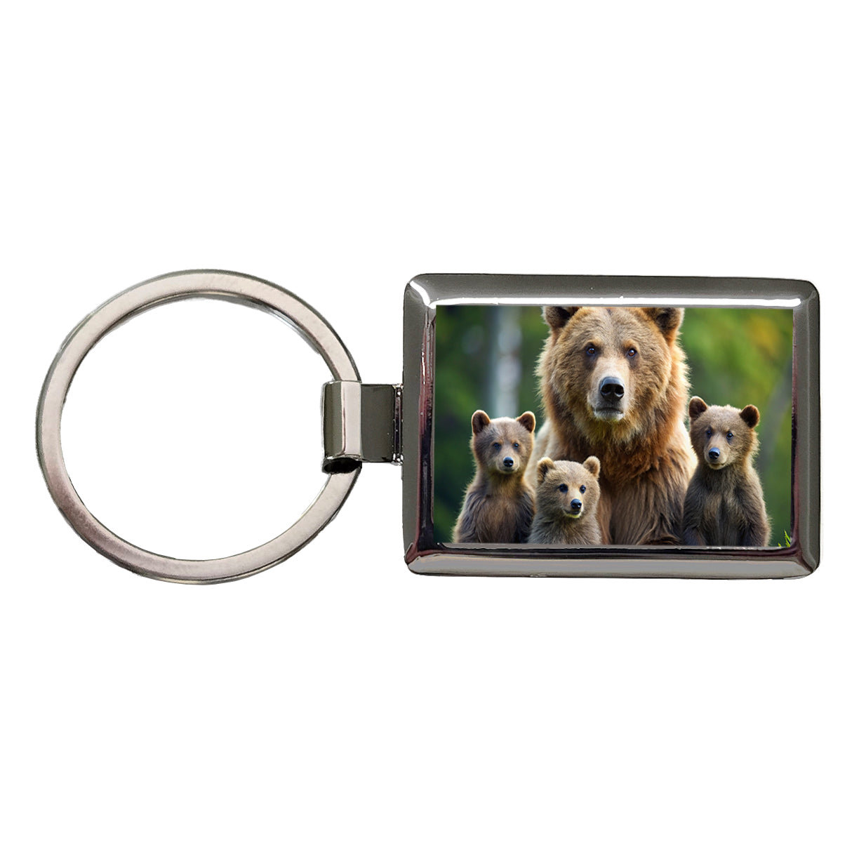 Mother Bear With Cubs Rectangle Metal Keychain