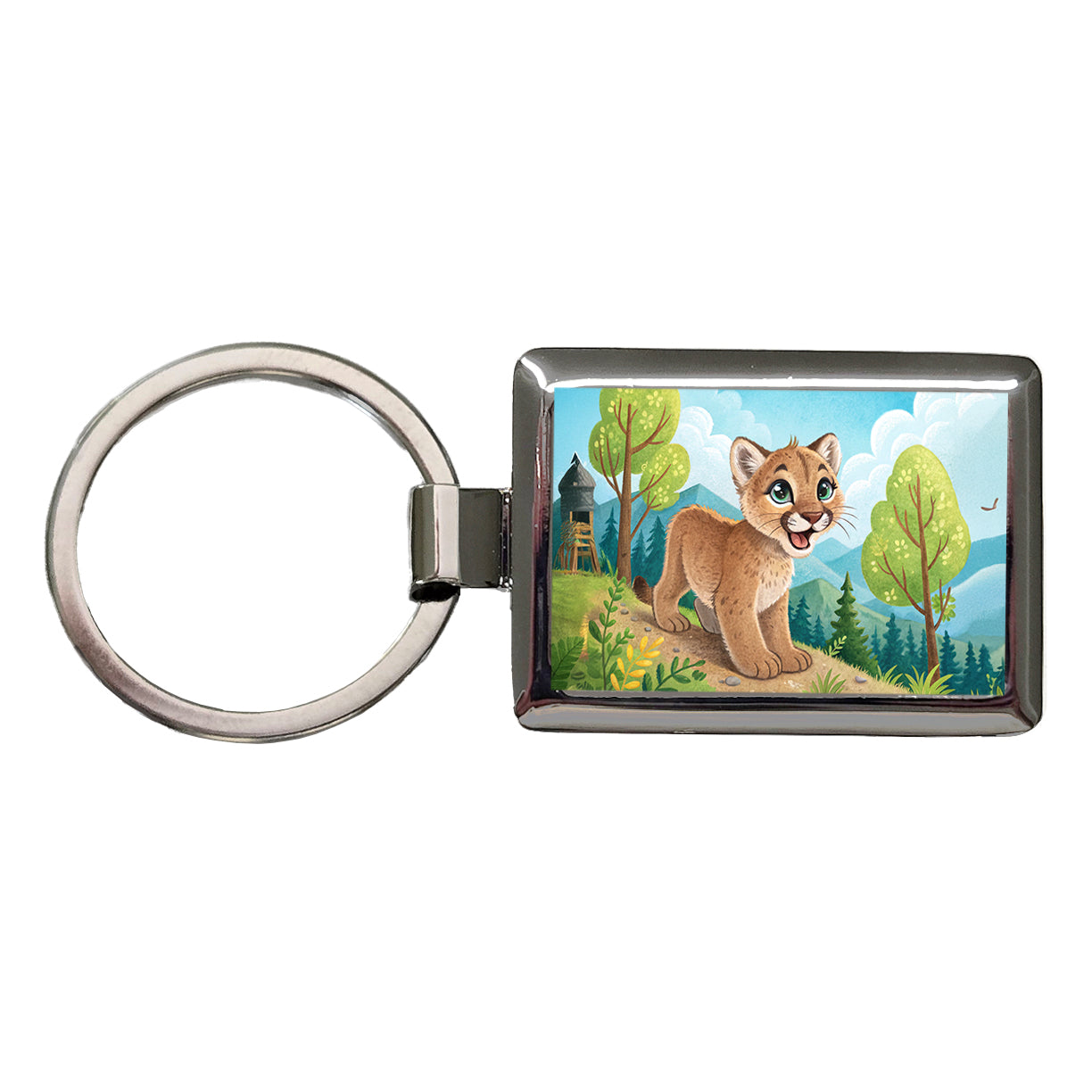 Mountain Lion Cougar Children's Illustration Style Rectangle Metal Keychain