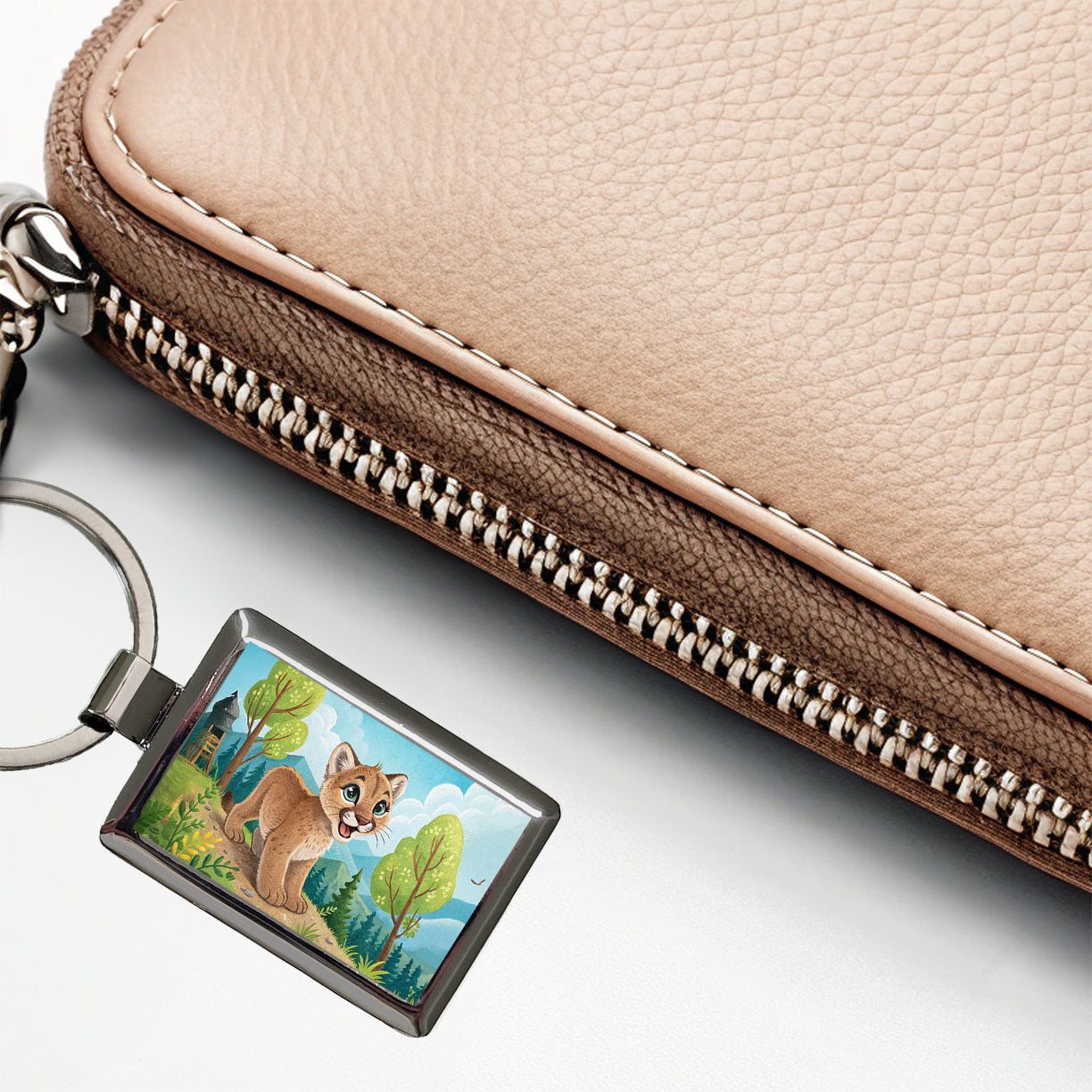 Mountain Lion Cougar Children's Illustration Style Rectangle Metal Keychain