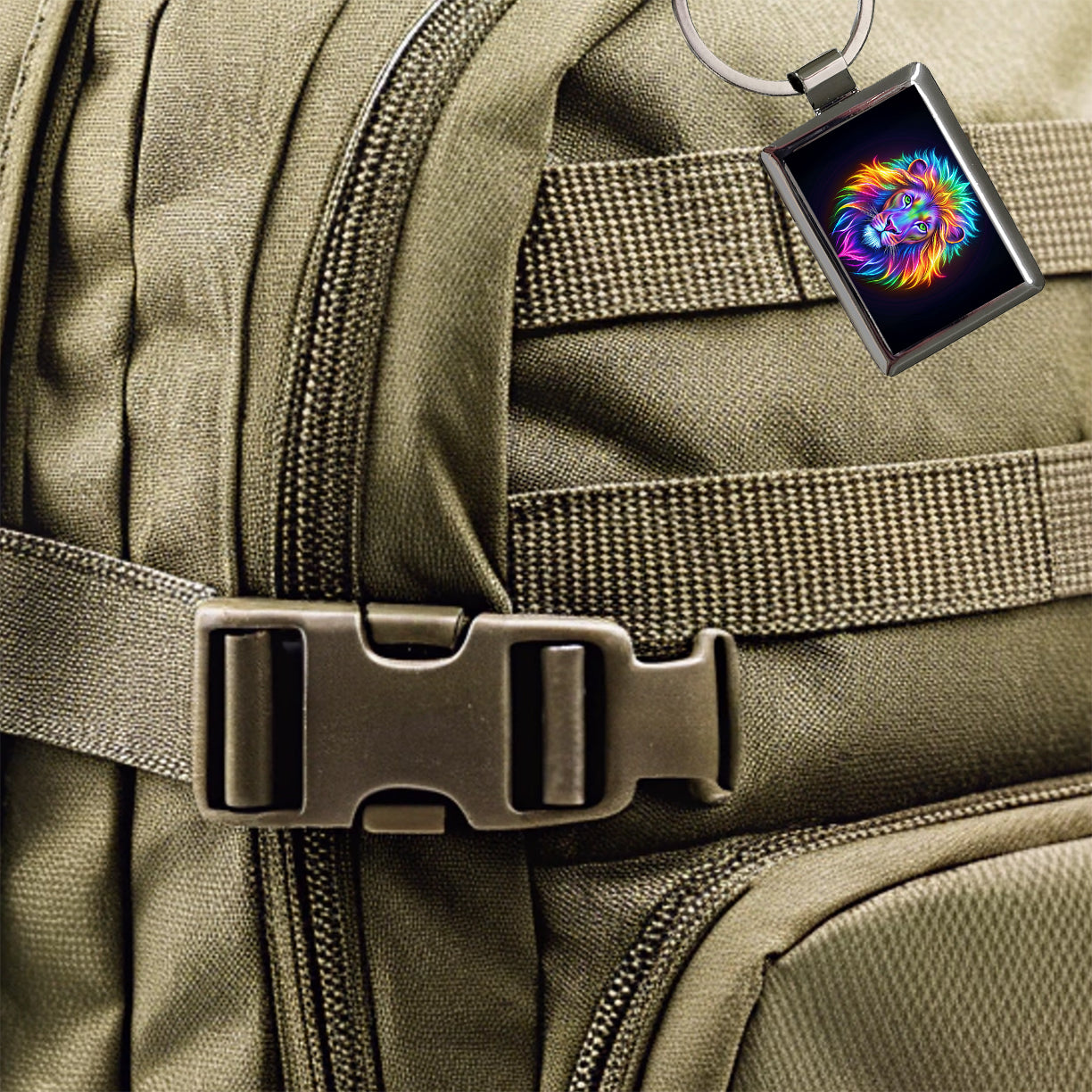 Neon Lion Rectangle Metal Keychain