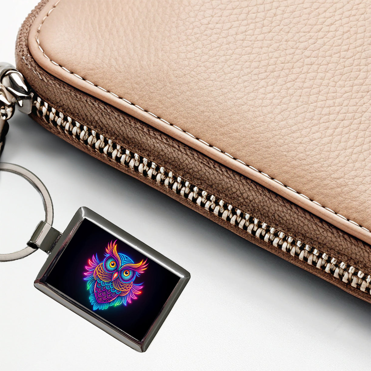 Neon Owl Rectangle Metal Keychain
