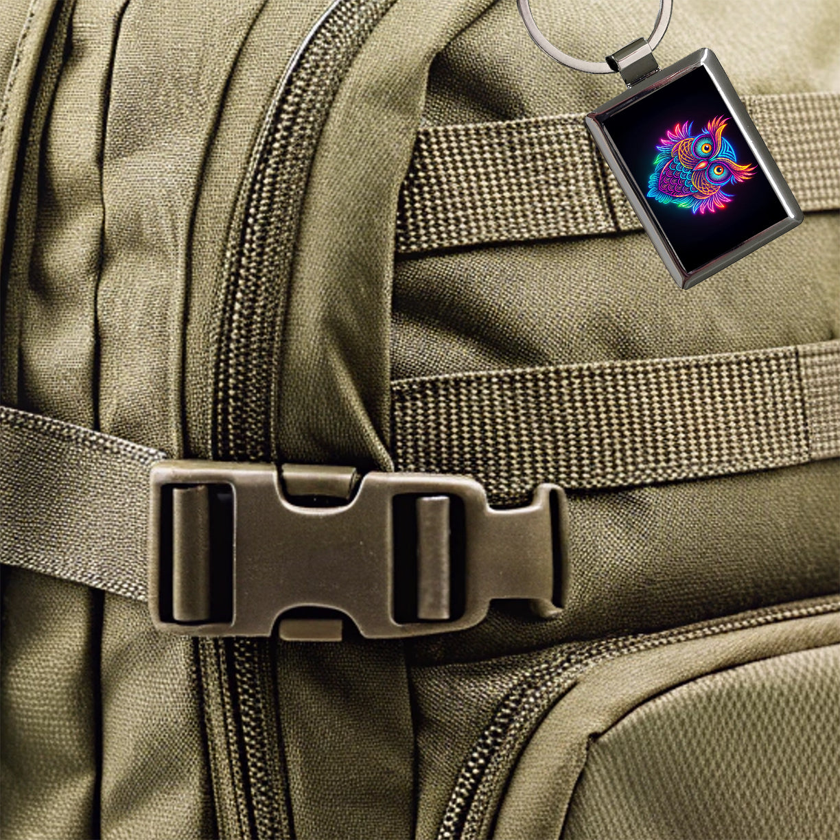 Neon Owl Rectangle Metal Keychain