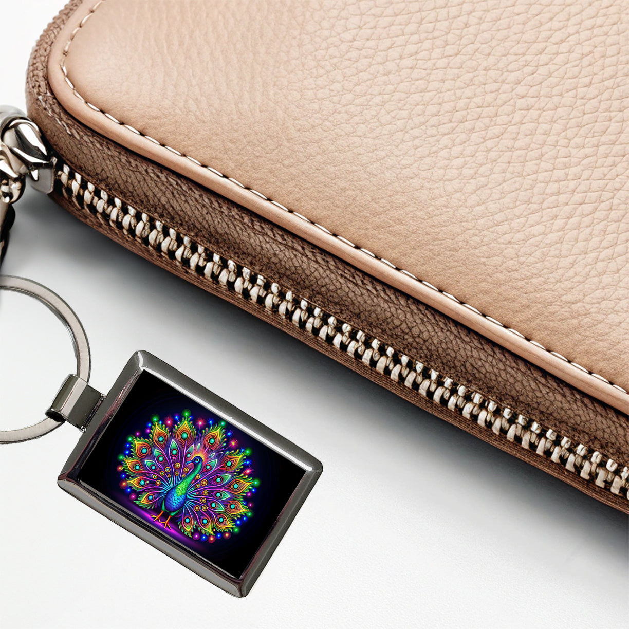 Neon Peacock Rectangle Metal Keychain
