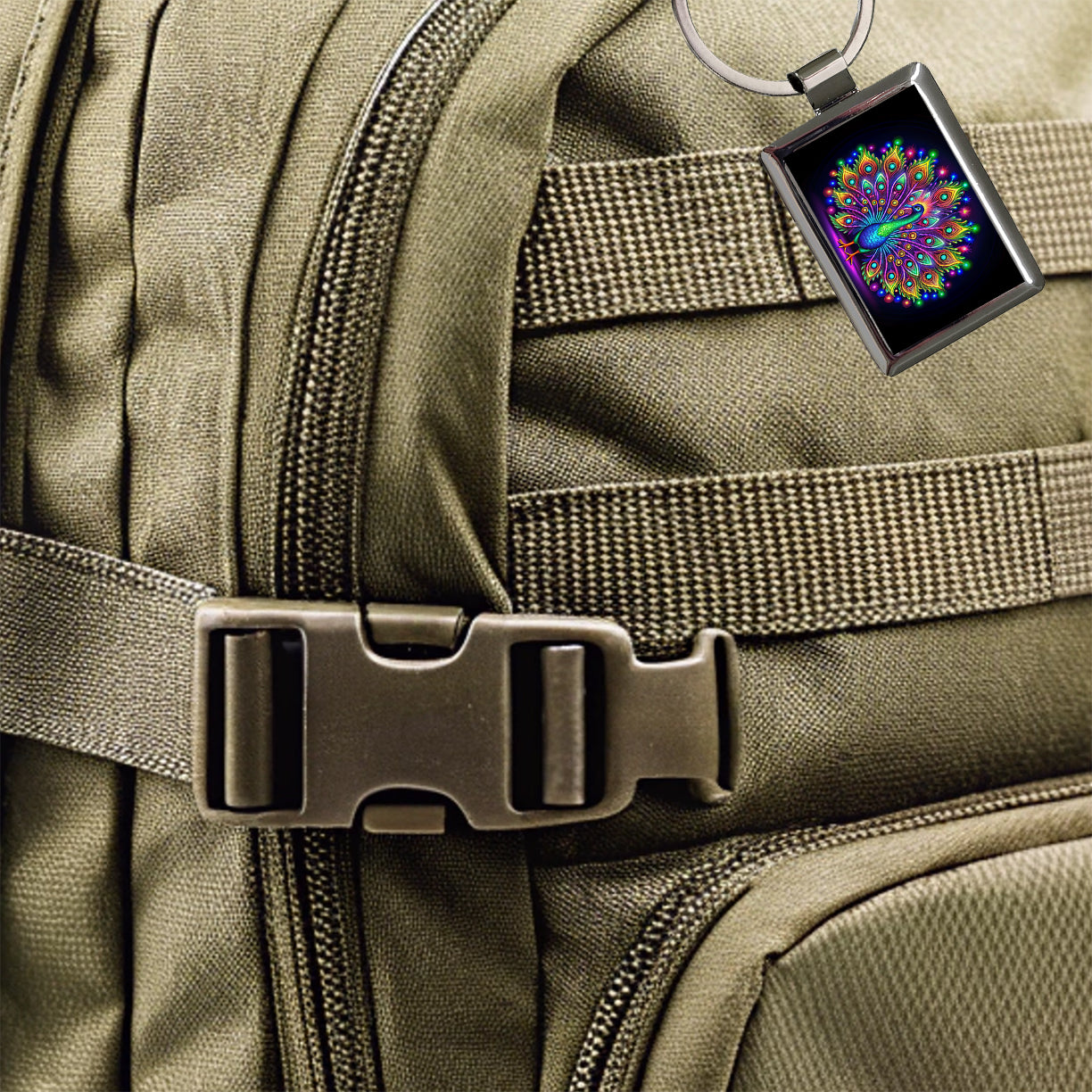 Neon Peacock Rectangle Metal Keychain
