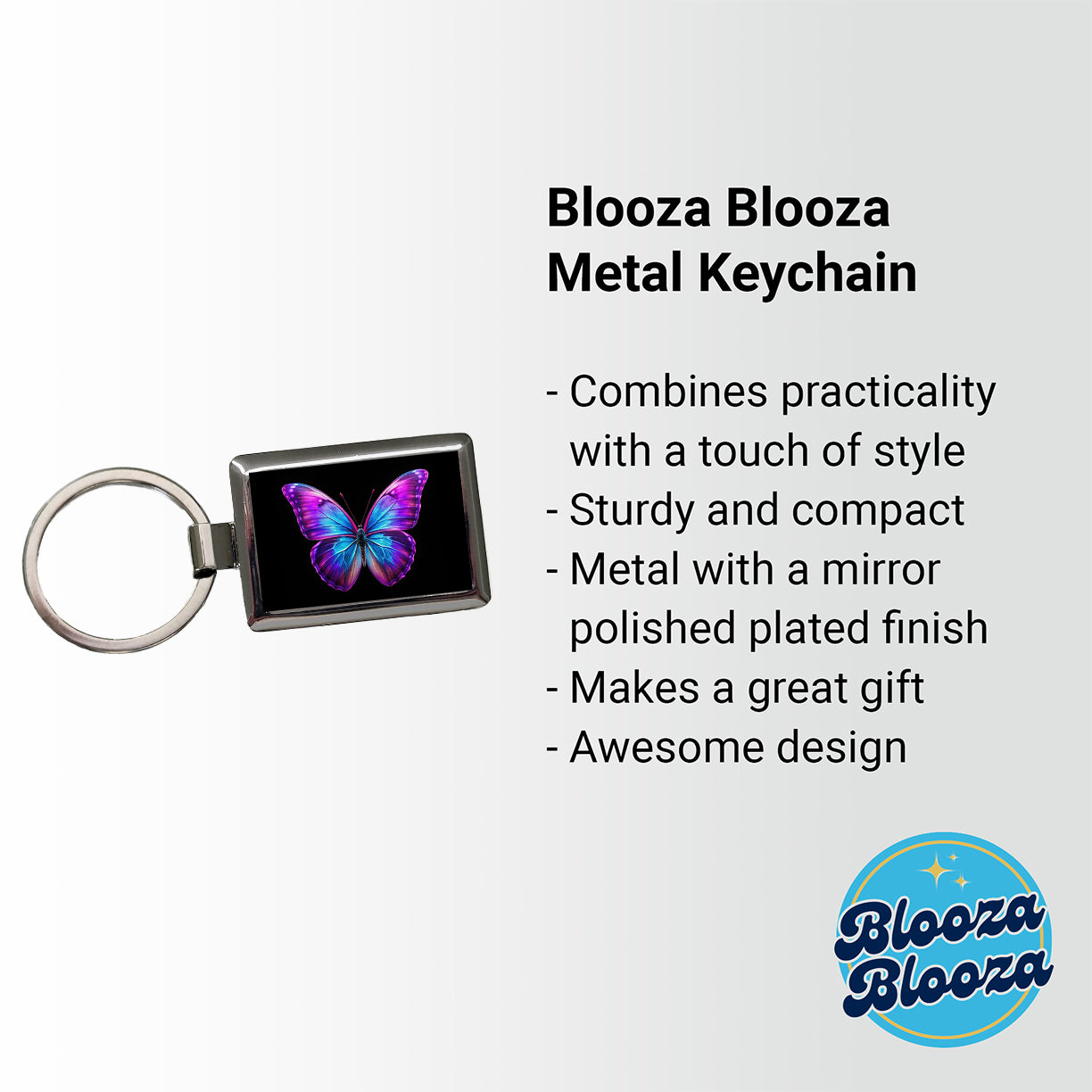 Neon Purple Blue Butterfly Rectangle Metal Keychain
