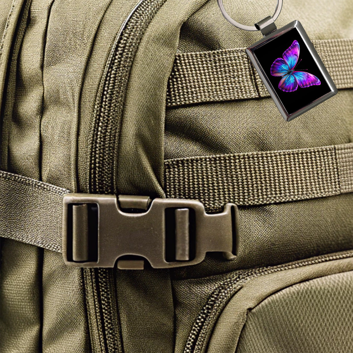 Neon Purple Blue Butterfly Rectangle Metal Keychain