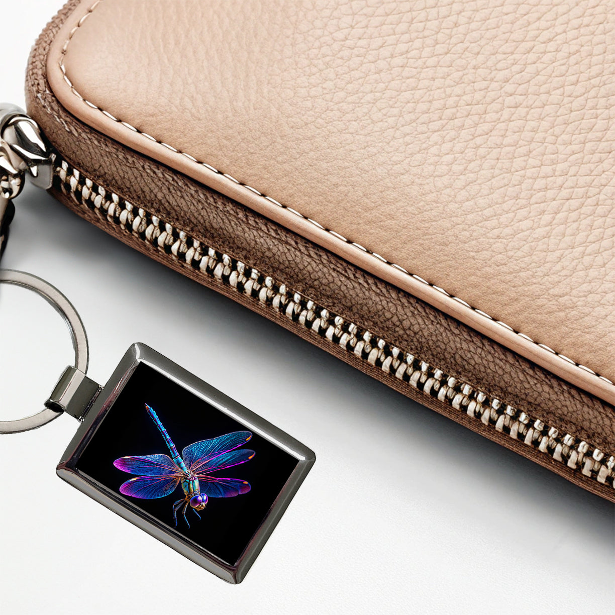 Neon Purple Blue Dragonfly Rectangle Metal Keychain