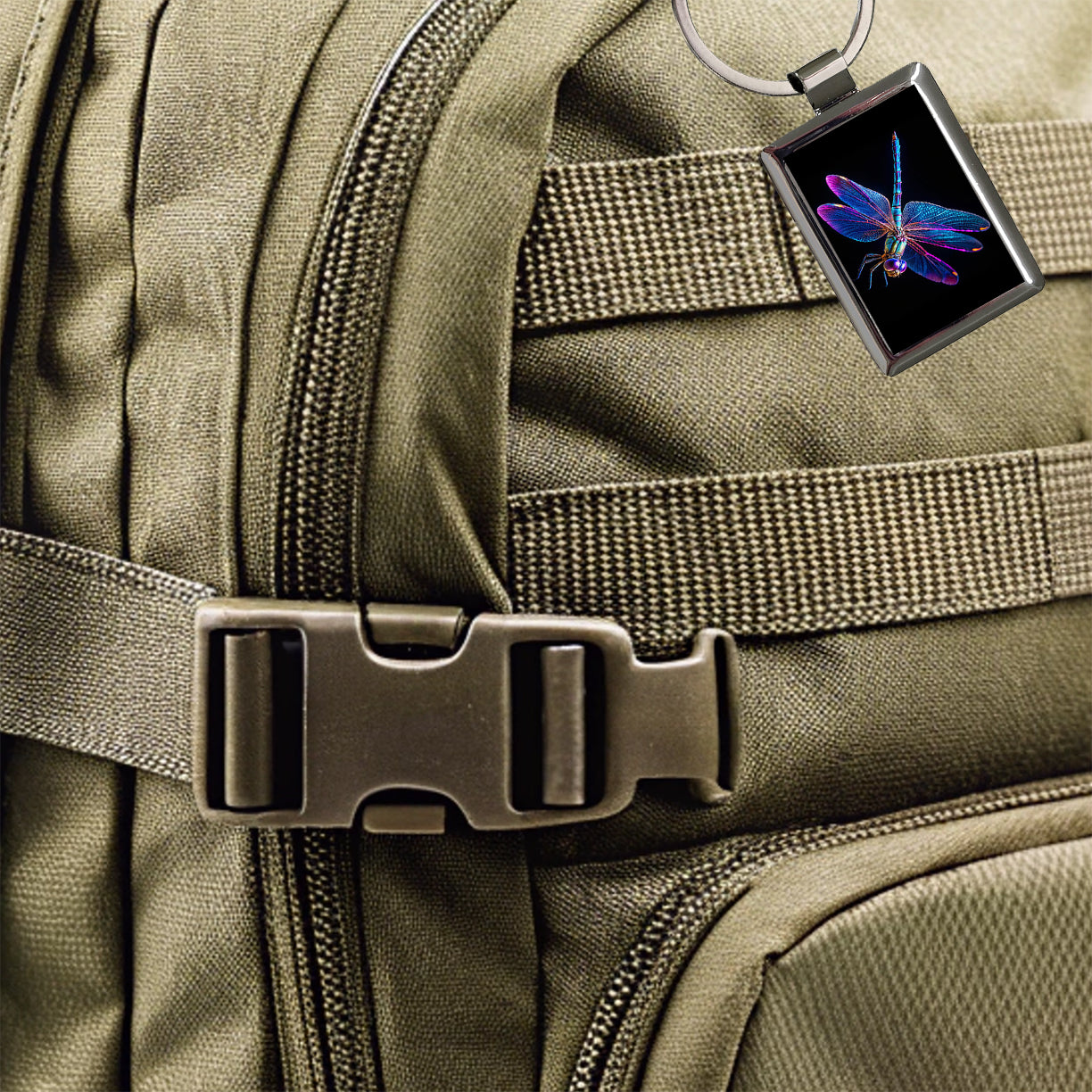 Neon Purple Blue Dragonfly Rectangle Metal Keychain