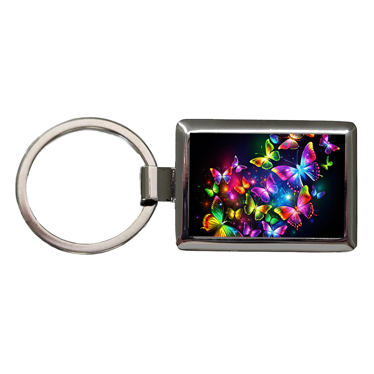 Neon Rainbow Butterflies Rectangle Metal Keychain