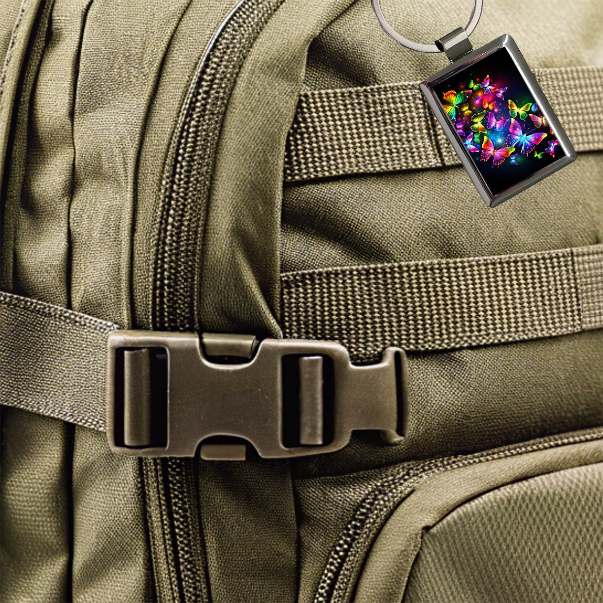 Neon Rainbow Butterflies Rectangle Metal Keychain