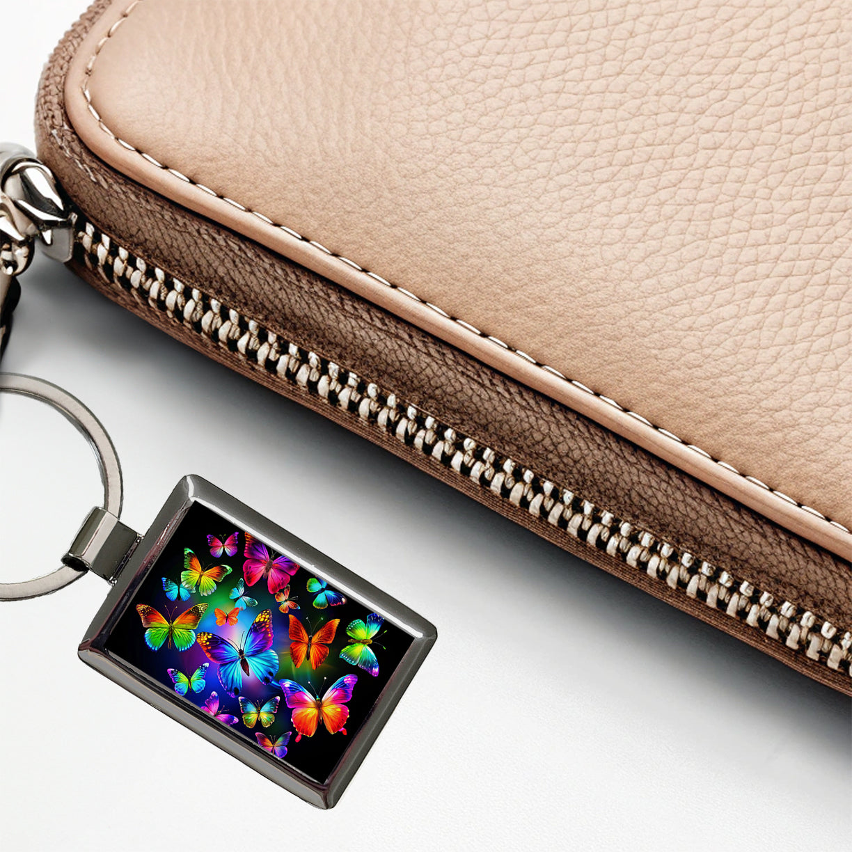 Neon Rainbow Colorful Butterflies Rectangle Metal Keychain