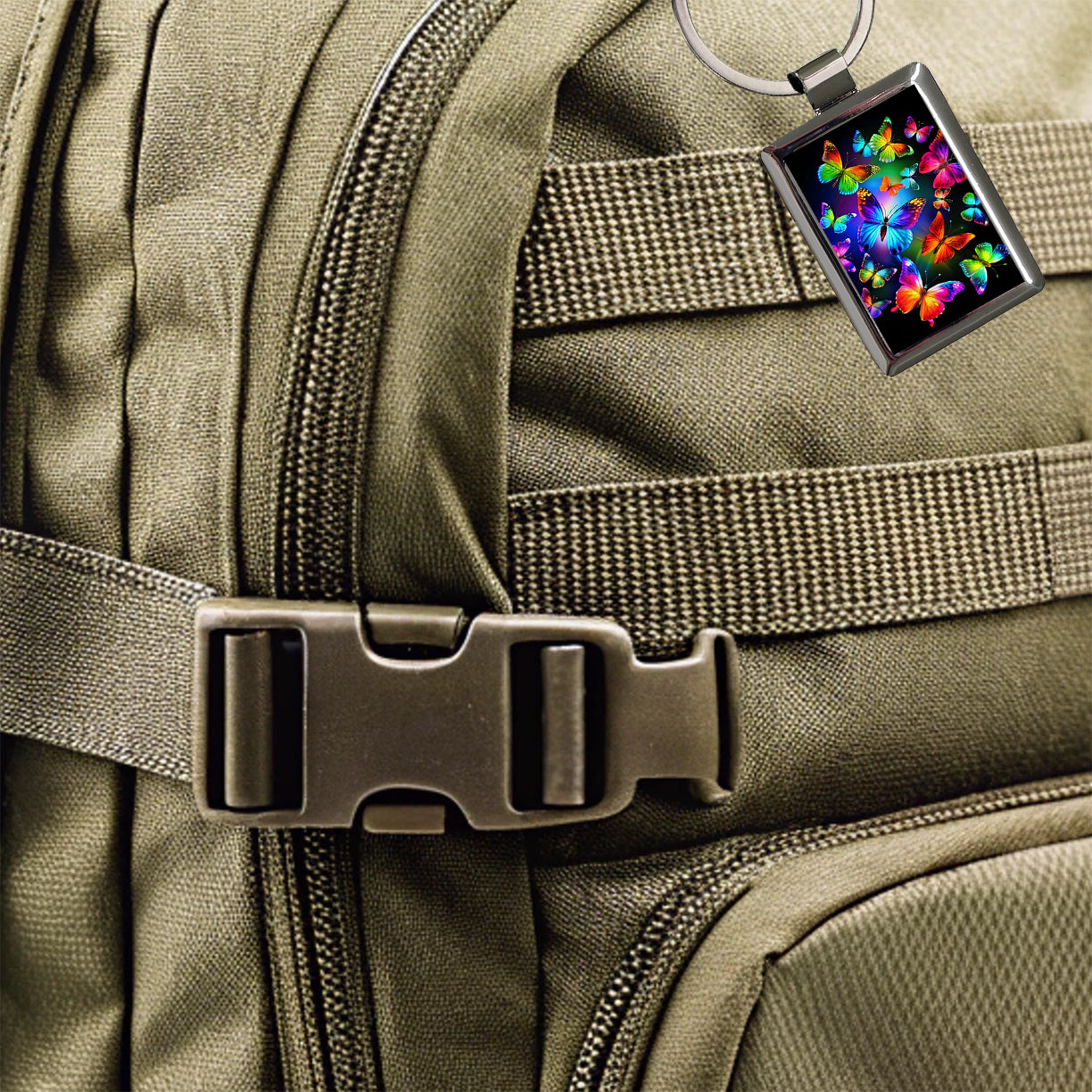 Neon Rainbow Colorful Butterflies Rectangle Metal Keychain