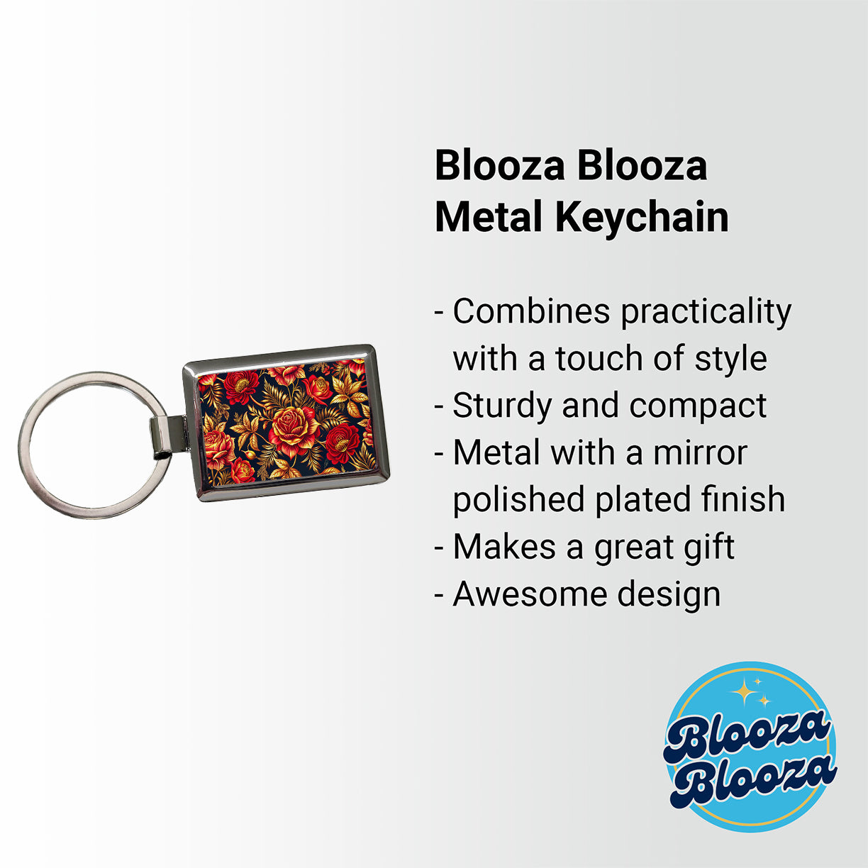 Neon Red And Gold Rose Floral Pattern Rectangle Metal Keychain