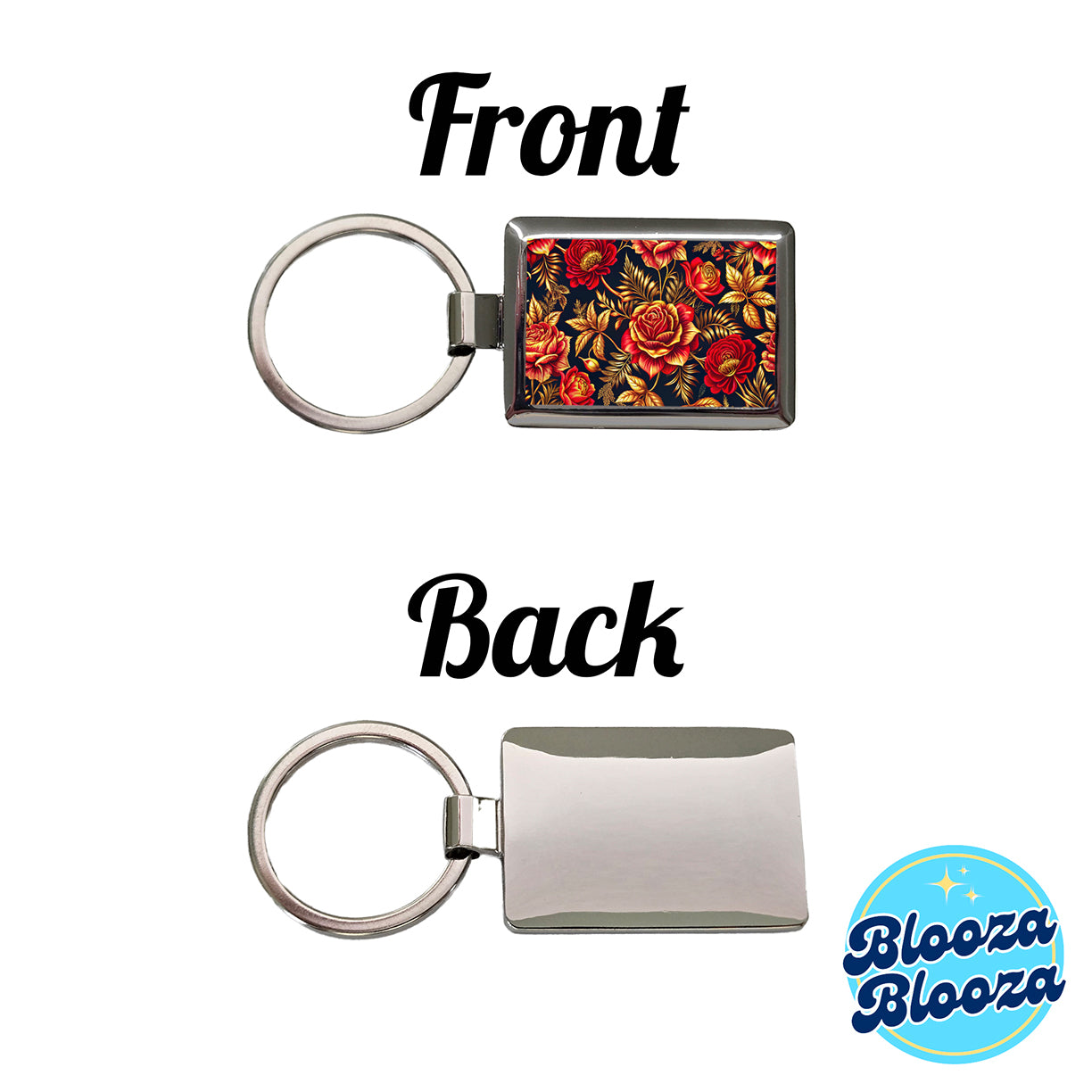 Neon Red And Gold Rose Floral Pattern Rectangle Metal Keychain