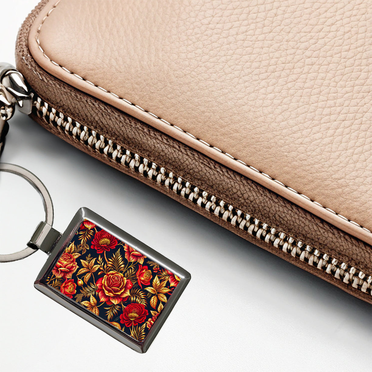 Neon Red And Gold Rose Floral Pattern Rectangle Metal Keychain