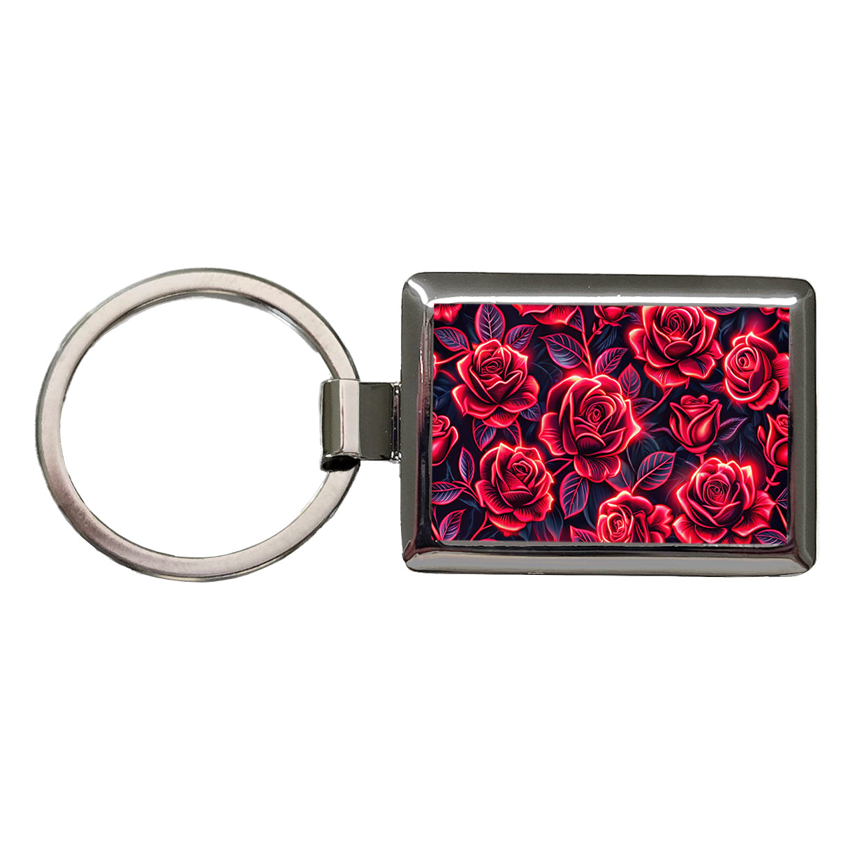Neon Red Rose Floral Pattern Rectangle Metal Keychain