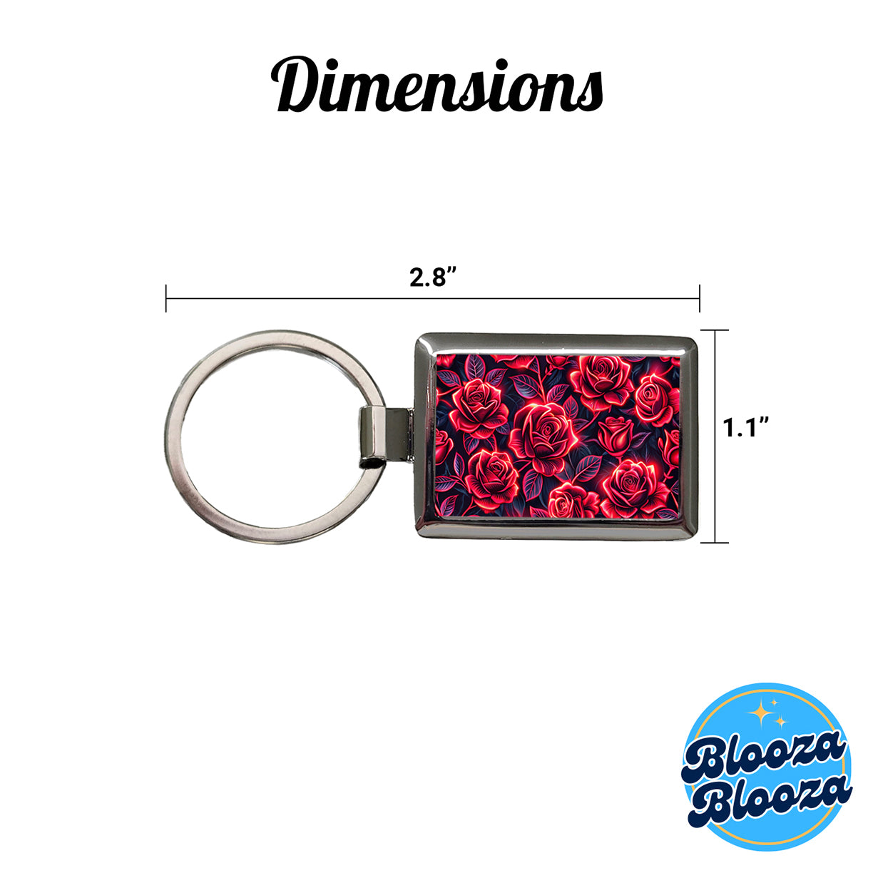 Neon Red Rose Floral Pattern Rectangle Metal Keychain