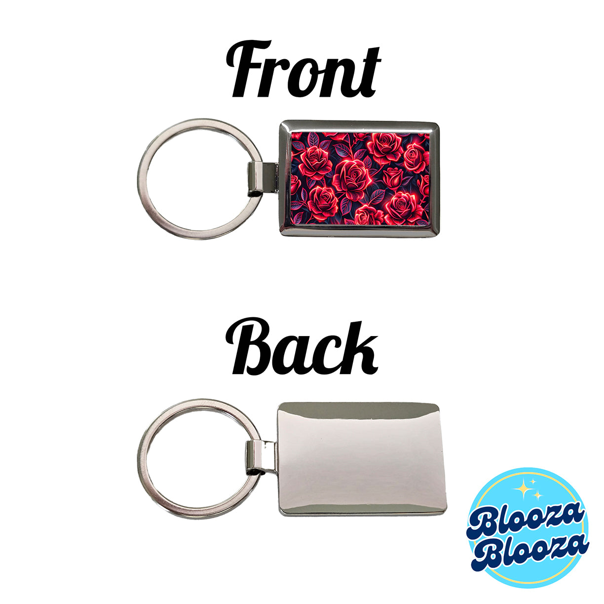 Neon Red Rose Floral Pattern Rectangle Metal Keychain