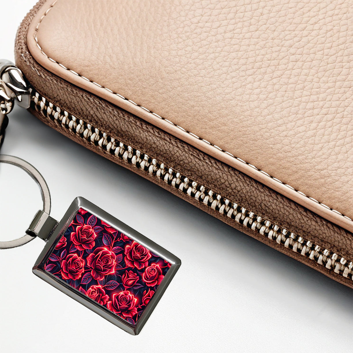Neon Red Rose Floral Pattern Rectangle Metal Keychain
