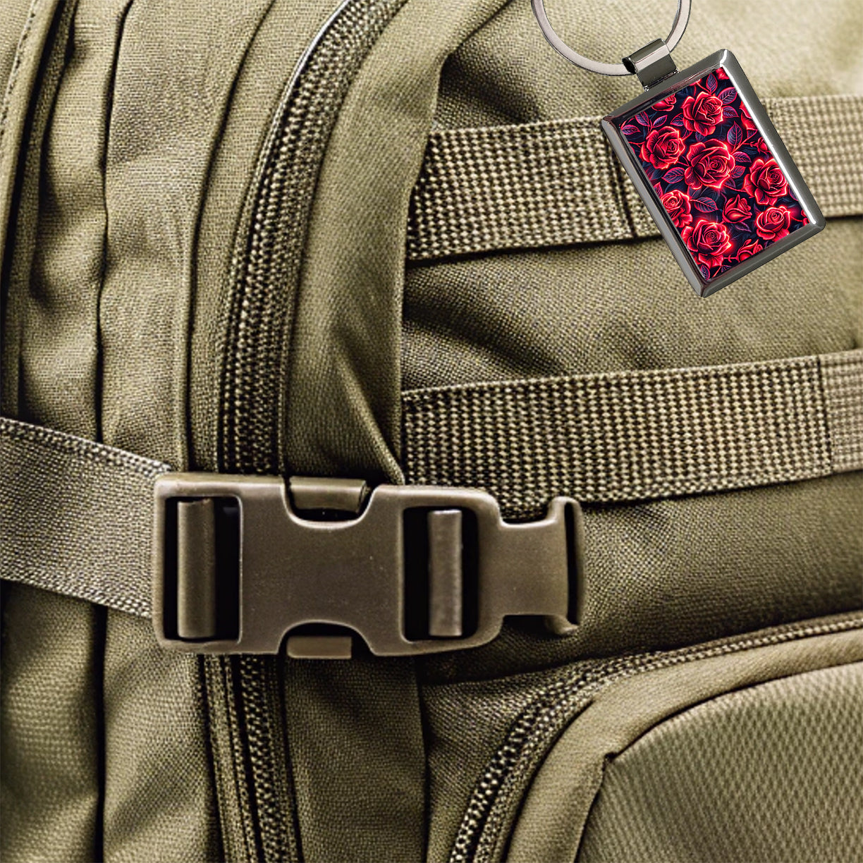 Neon Red Rose Floral Pattern Rectangle Metal Keychain