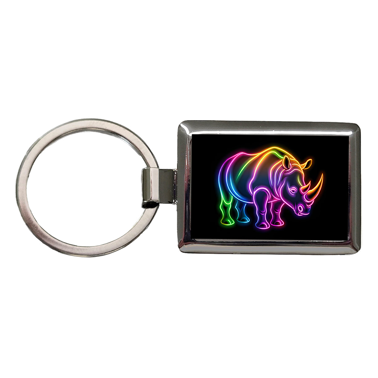 Neon Rhino Rectangle Metal Keychain