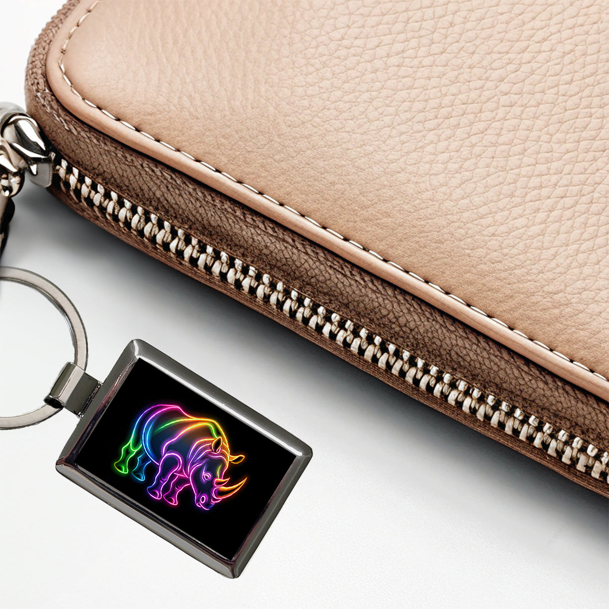 Neon Rhino Rectangle Metal Keychain