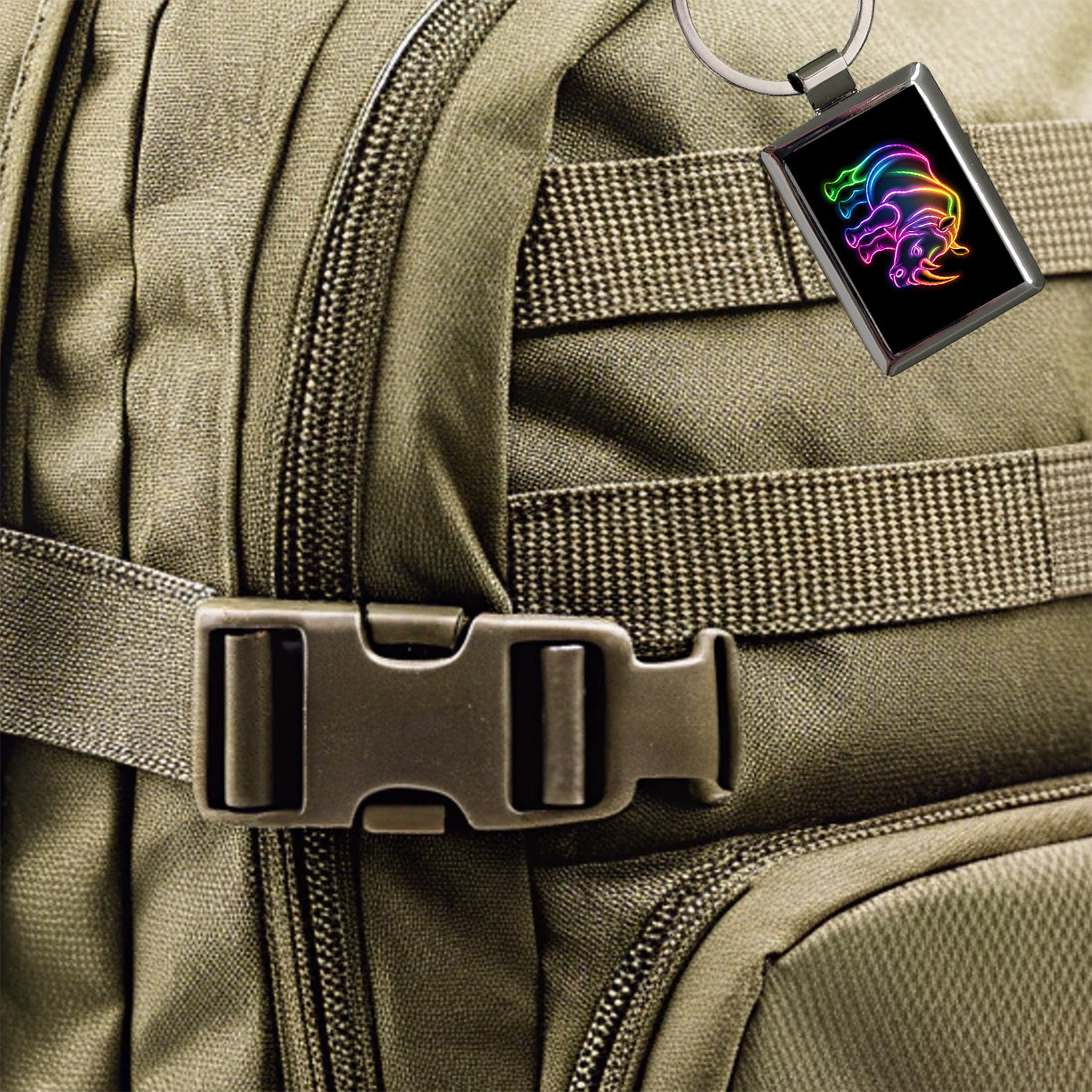 Neon Rhino Rectangle Metal Keychain
