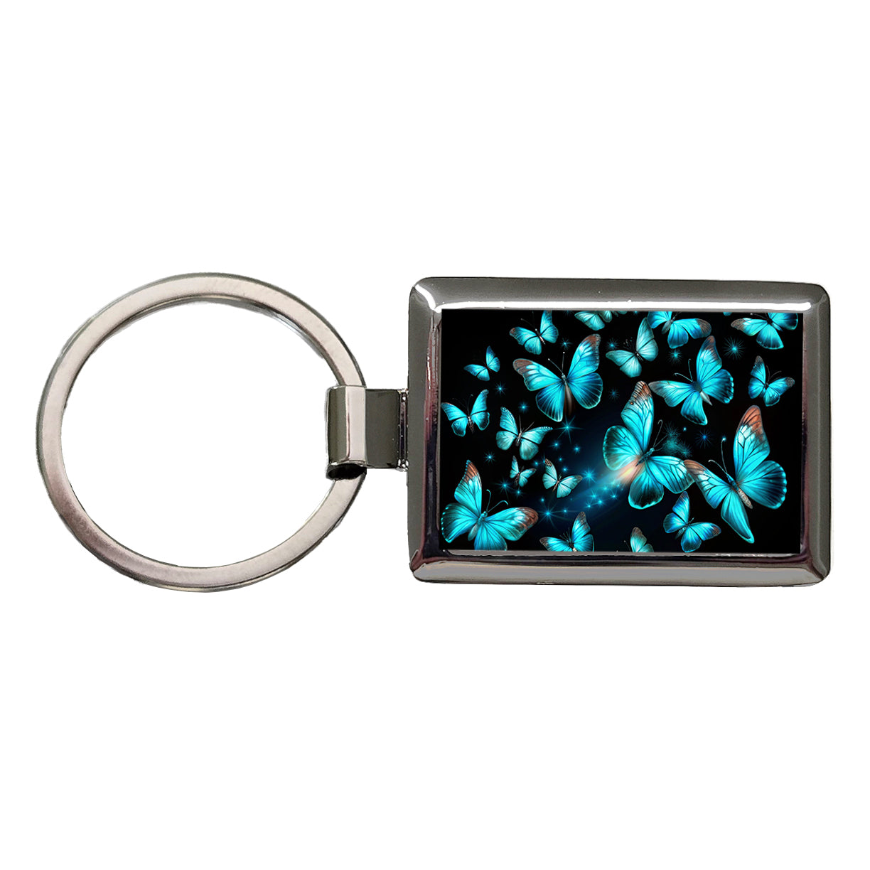 Neon Teal Blue Butterflies Rectangle Metal Keychain