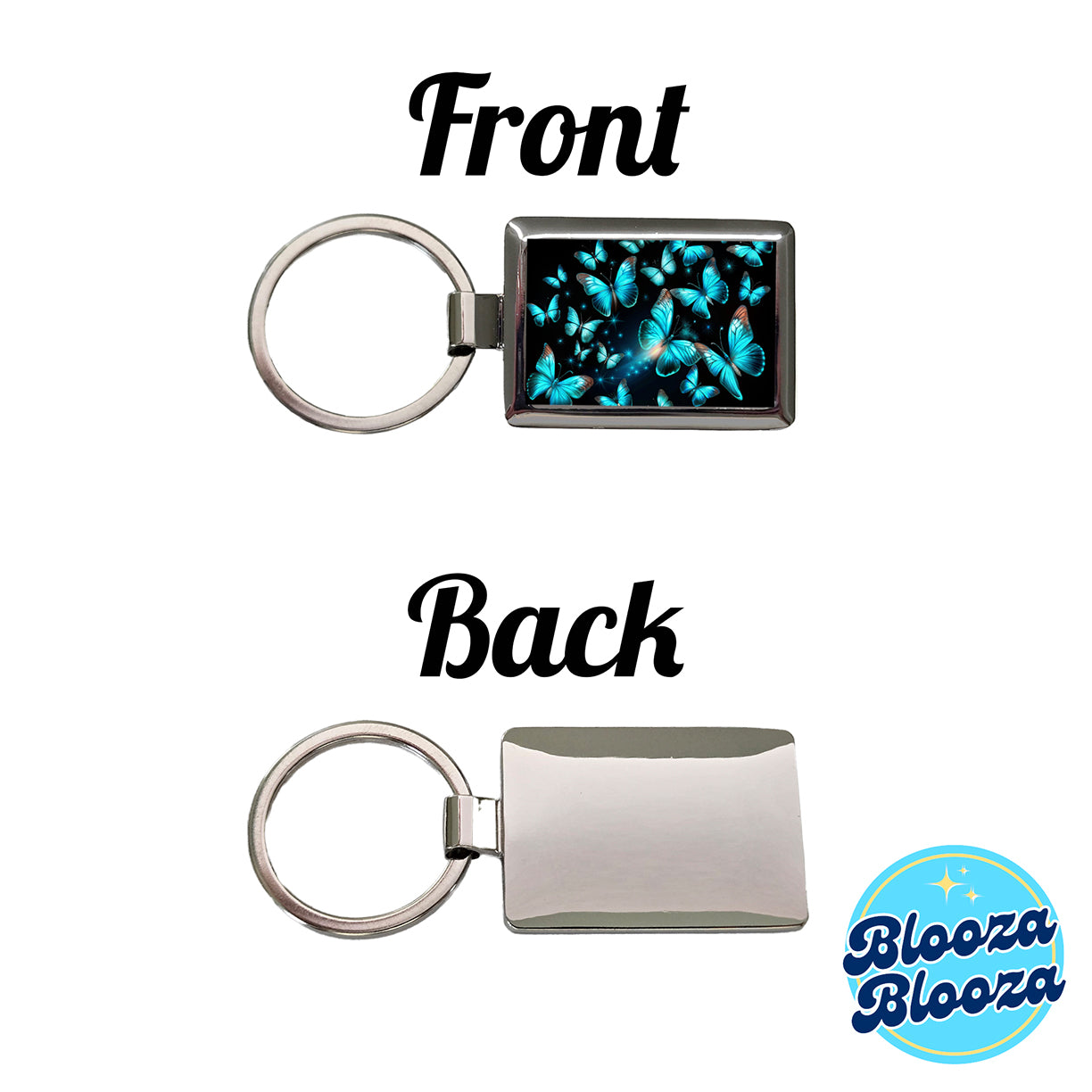 Neon Teal Blue Butterflies Rectangle Metal Keychain