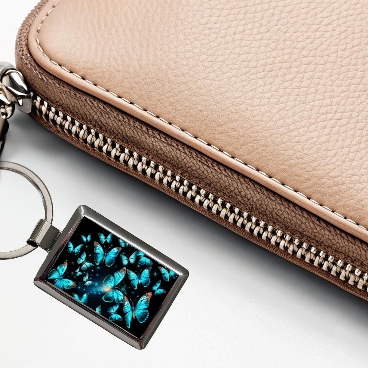 Neon Teal Blue Butterflies Rectangle Metal Keychain