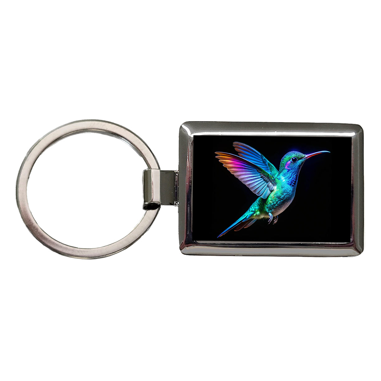 Neon Teal Blue Hummingbird Rectangle Metal Keychain