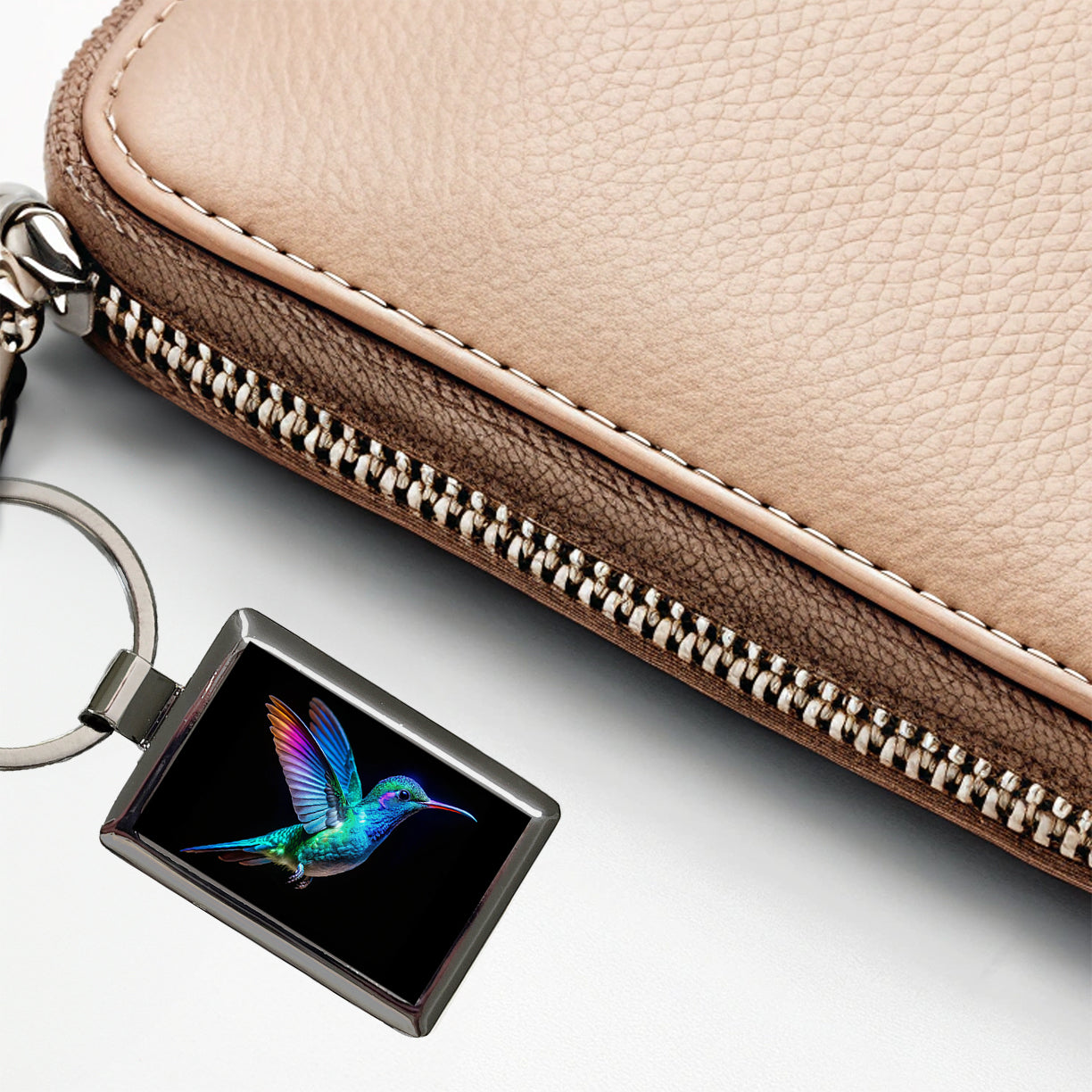 Neon Teal Blue Hummingbird Rectangle Metal Keychain