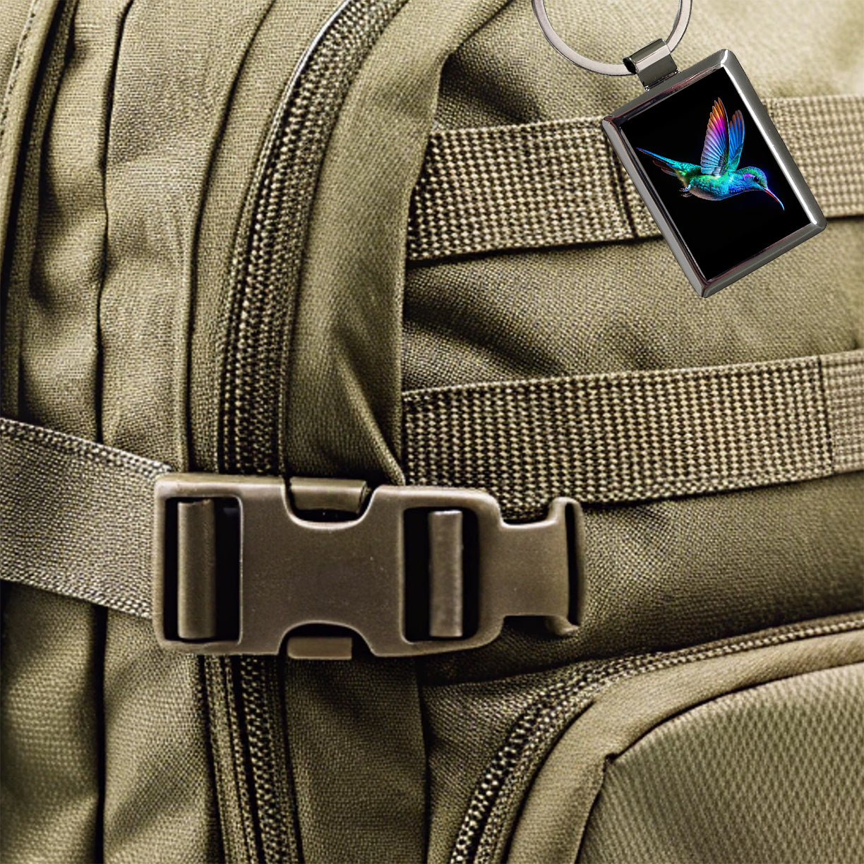Neon Teal Blue Hummingbird Rectangle Metal Keychain