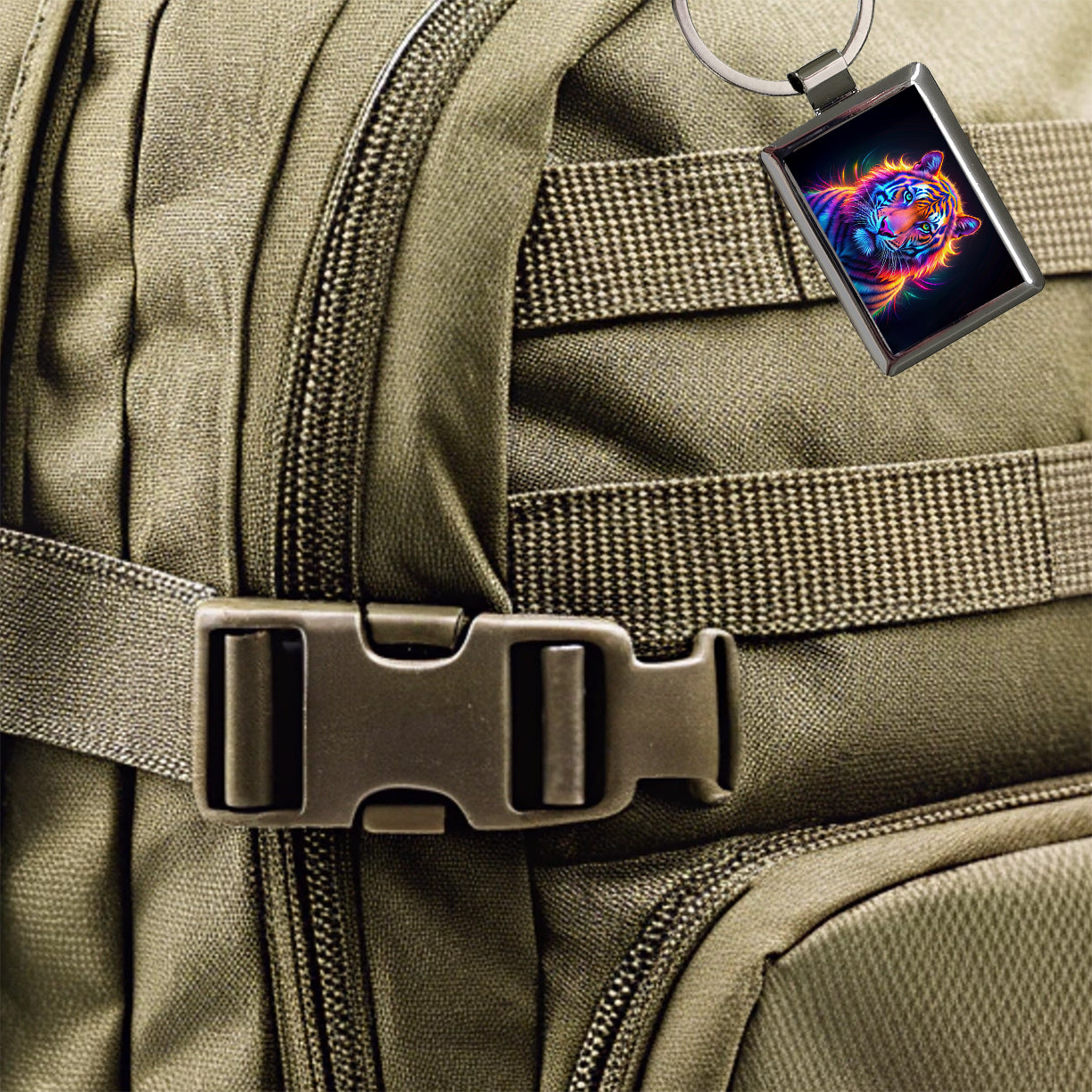 Neon Tiger Rectangle Metal Keychain