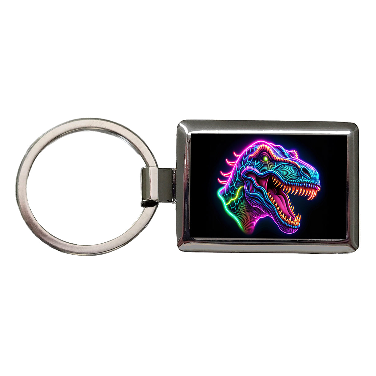 Neon T-Rex Dinosaur Head Rectangle Metal Keychain