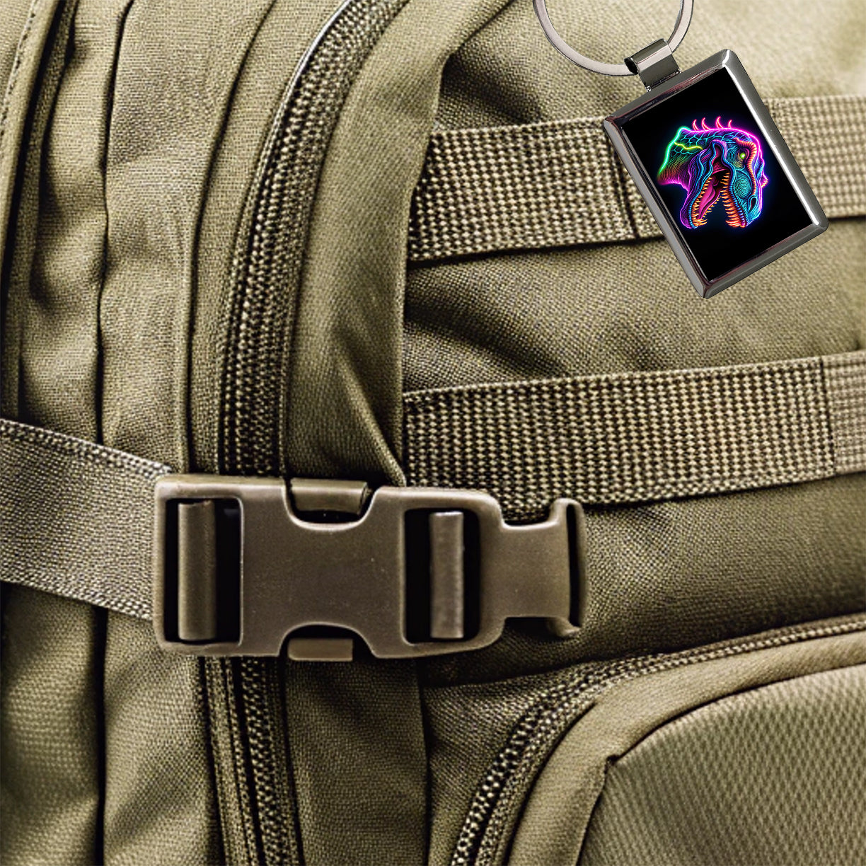Neon T-Rex Dinosaur Head Rectangle Metal Keychain