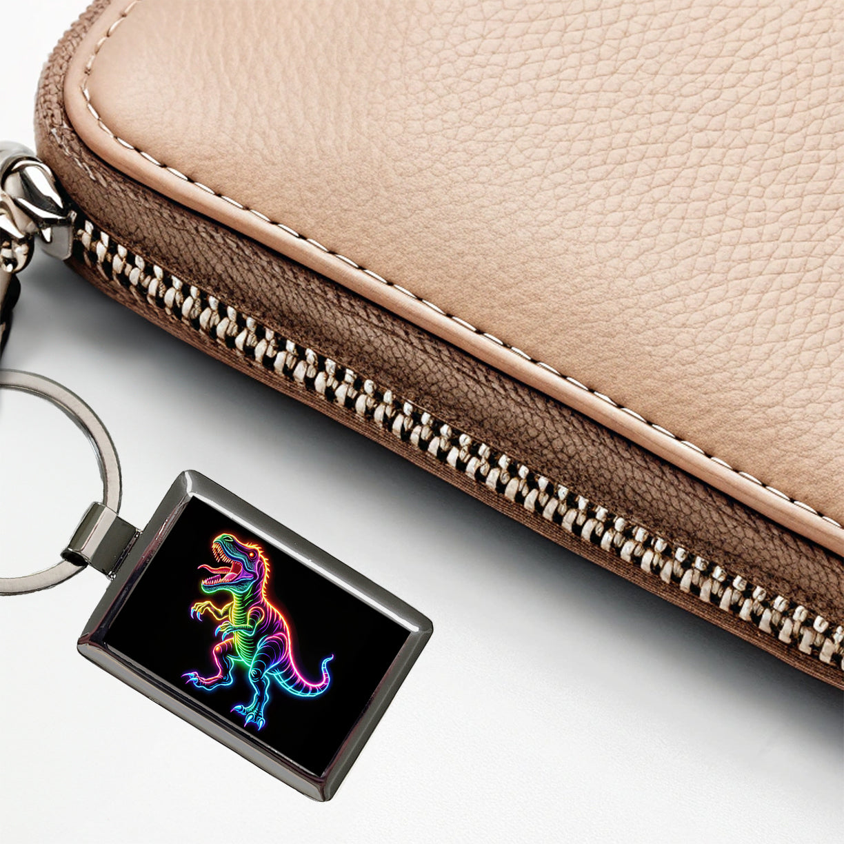 Neon T-Rex Dinosaur Rectangle Metal Keychain