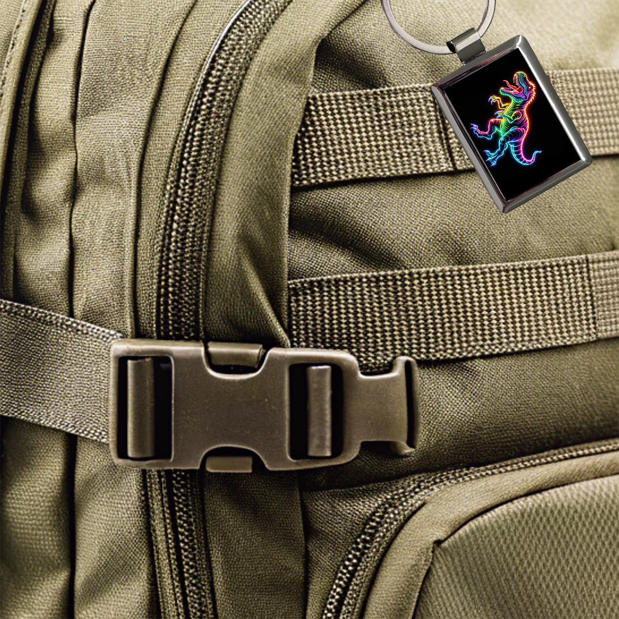 Neon T-Rex Dinosaur Rectangle Metal Keychain