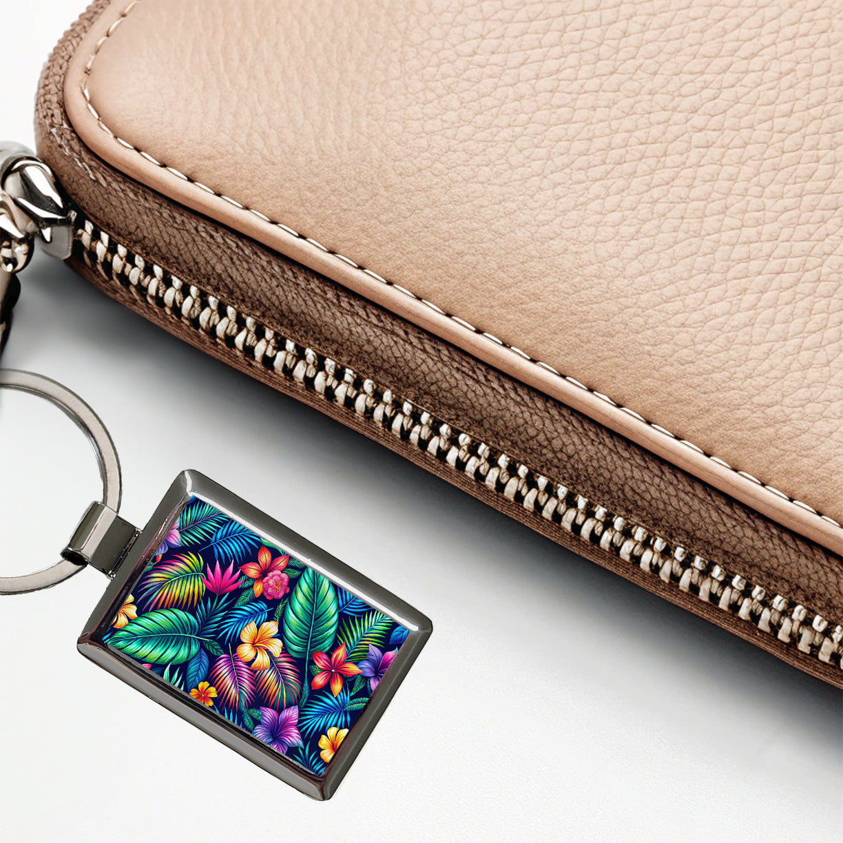 Neon Tropical Floral Pattern Rectangle Metal Keychain