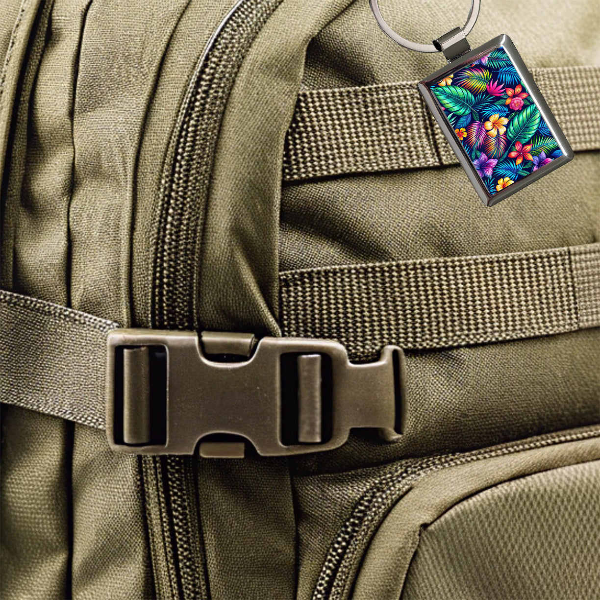 Neon Tropical Floral Pattern Rectangle Metal Keychain